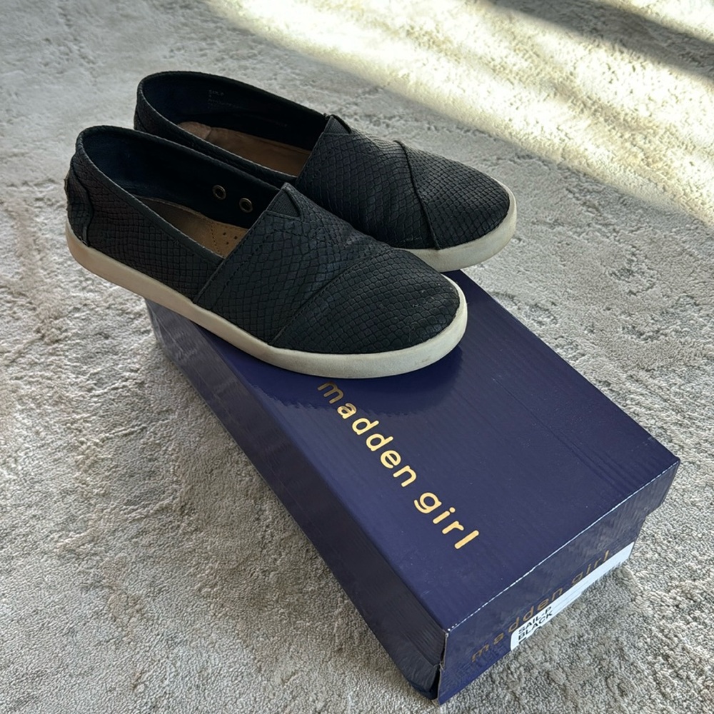 Madden Girl.  Size 5. Black slip on shoes.